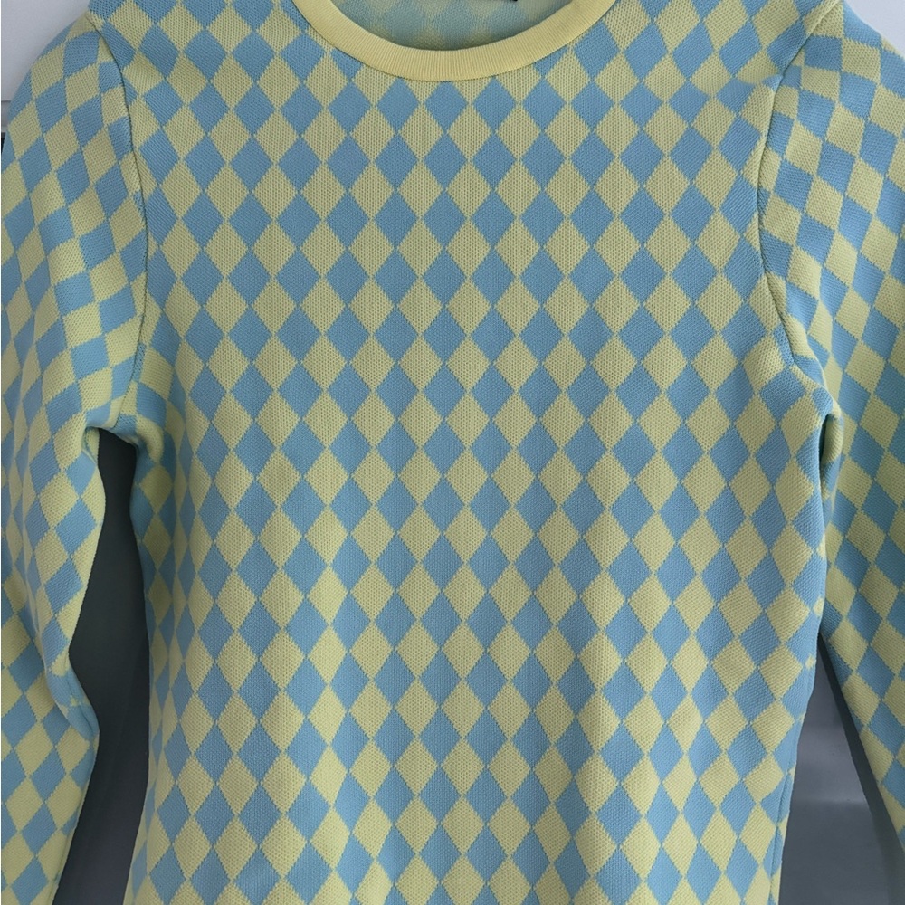 Zara Yellow and Blue Crew Neck Sweater with Diamond Pattern - Picture 2 of 4
